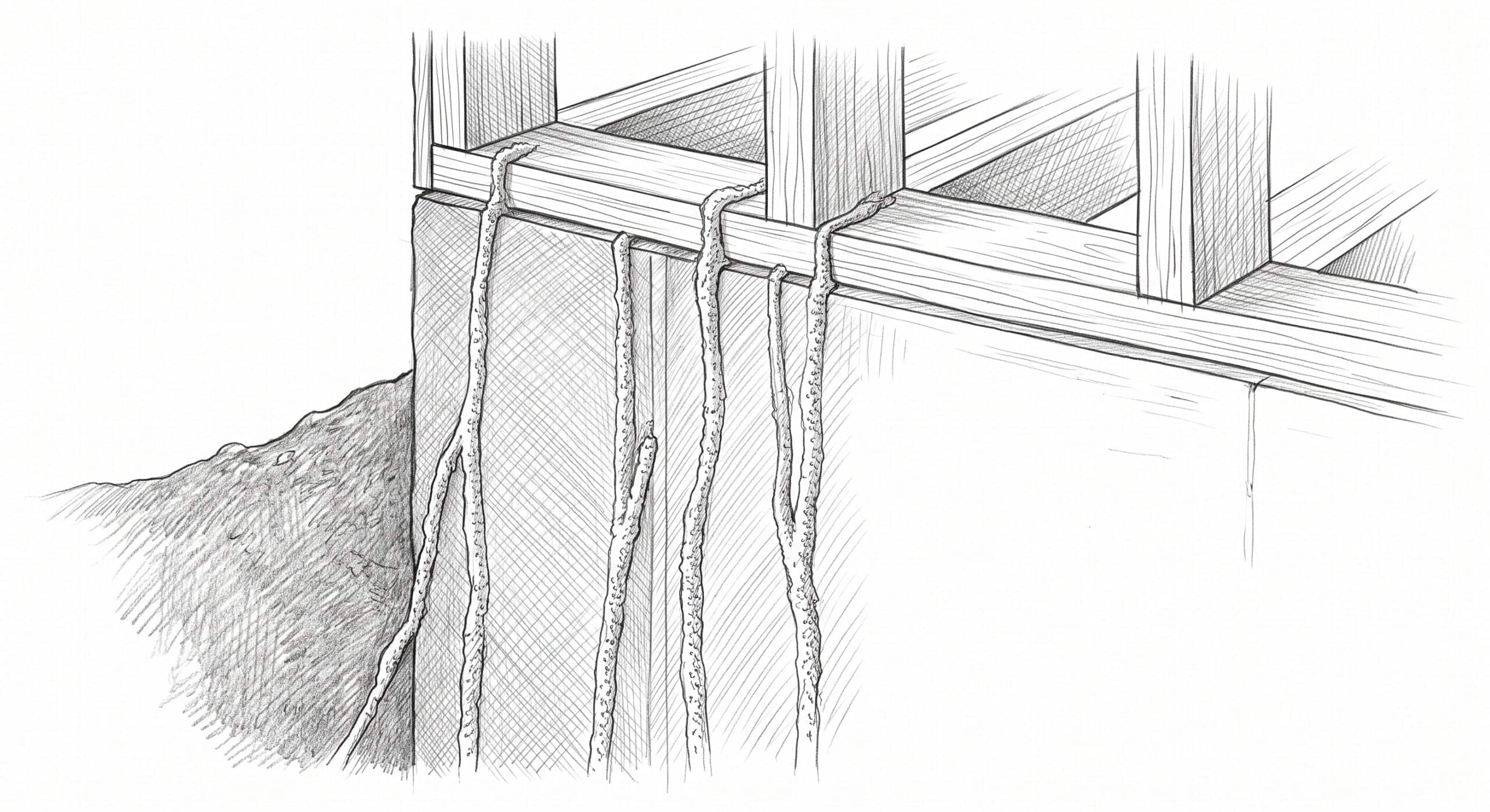 Pencil sketch of subterranean termite mud tubes running up a foundation wall to the wood framing