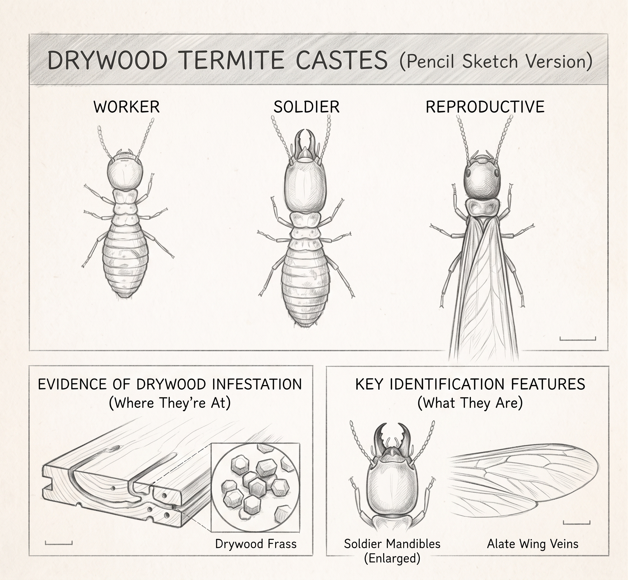Pencil sketch diagram of drywood termite worker, soldier, and reproductive castes, plus six-sided frass pellets, soldier mandibles, and alate wing veins for identification