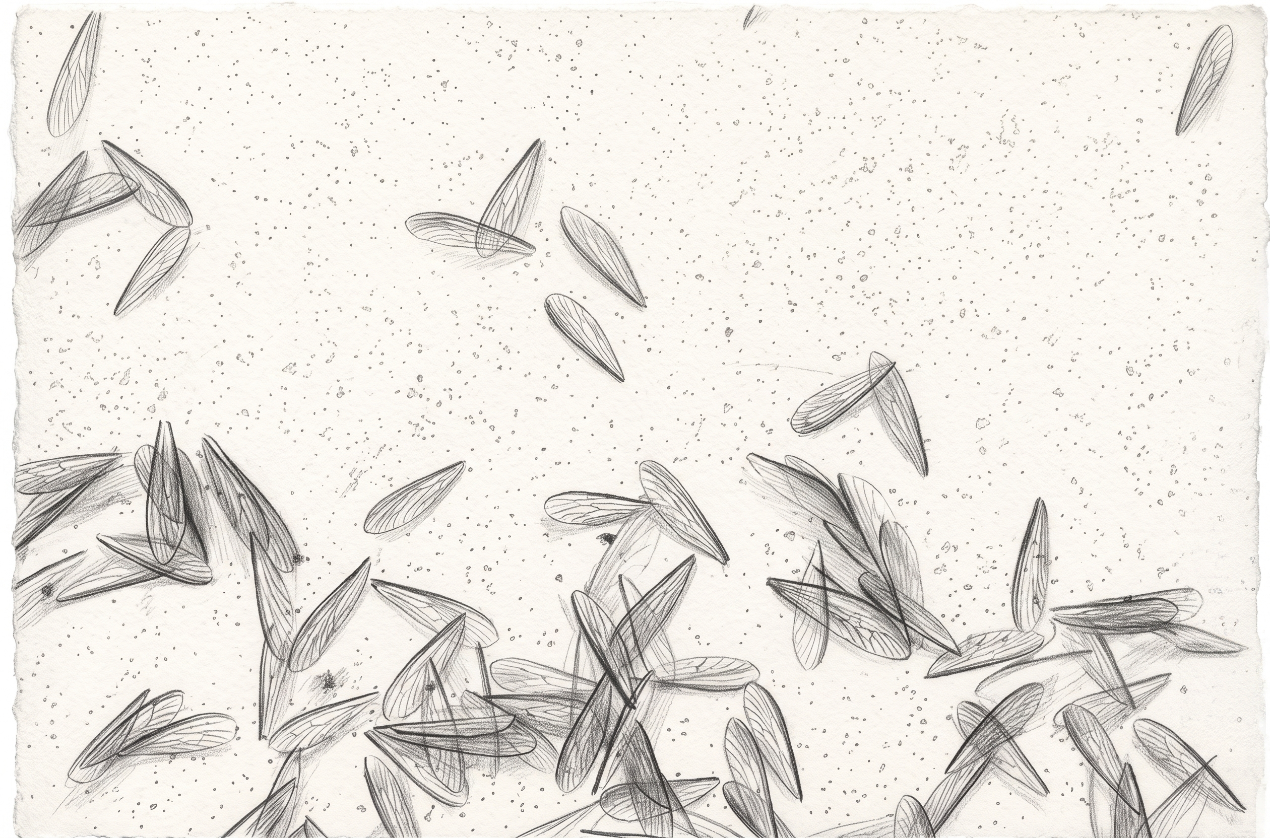 Pencil sketch of discarded drywood termite swarmer wings scattered on a windowsill, a sign of an active swarm